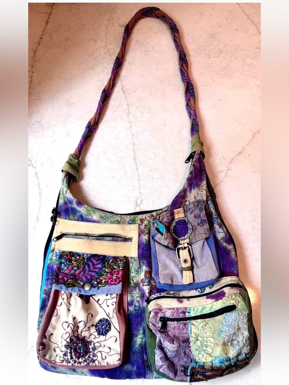 💙BLUE SKY💙 COTTON CANVAS LINEN TIE-DYE FLORAL EMBROIDERY 9 POCKET ZIP AROUND BAG - Picture 5 of 16
